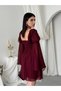 Women's Burgundy Mini Dress with Corsage Detail, Chiffon Sleeves, Lace-Up and Flounces - 7