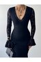 Women's Black Lace Midi Dress V-Neck Long Flounce Sleeves Fitted - 3