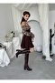 Women's Coffee Mini Dress Strapless Collar Plaid Long Sleeve Flared Cut - 8