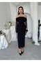 Women's Black Evening Dress Boat Neck Floral Appliqué Draped Tulle Sleeves Midi - 4