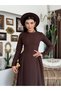 Women's Coffee Color Midi Dress with Crew Neck, Long Sleeves and Gathered Flared Skirt