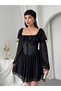 Women's Black Mini Dress with Corsage Detail, Chiffon Sleeves, Lace-Up and Flounces - 7
