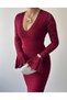 Women's Burgundy Lace Midi Dress V-Neck Long Flounce Sleeves Fitted - 3