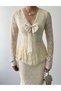 Women's Beige Midi Lace V-Neck Bow Detailed Long Sleeve Peplum Dress - 2