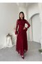 Women's Burgundy Lace Midi Dress with High Collar, Long Sleeves, A-Line, Event Dress - 8