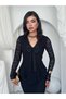 Women's Black Midi Lace V-Neck Bow Detailed Long Sleeve Peplum Dress