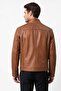 Men's Cognac Genuine Leather Stand Collar Jacket - 2