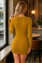 Women's Round Neck Long Sleeve Stretchy Soft Ribbed Slim Fit Bodycon Casual Stylish Daily Mustard Knitwear Mini Dress Tunic - 3