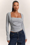 Square Neck Gathered Light Gray Long Sleeve Blouse - 2
