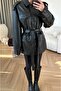 Women's Premium Double Pocket Double-Breasted Collared Faux Leather Jacket with Belted Waist - 3