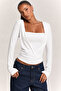 Square Neck Gathered Ecru Long Sleeve Blouse - 6