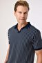 Regular Fit Navy Blue Buttonless Polo Collar T-Shirt - 2