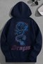Unisex 3 Thread Cotton Navy Blue Dragon Print Loose Fit Sweatshirt Hoodie