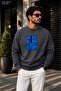 Men's Blue Typographic Graphic Printed Crew Neck Casual Regular Fit Sweatshirt