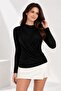 Drape Detailed Gathered Shoulder Asymmetrical High Neck Knitted Buzzy Fabric Long Sleeve Blouse - 2