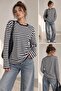 Women's Striped Slim Fit Cotton Long Sleeve Blouse - Navy Blue Lnc34 - 3
