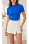 Women's Sax Blue Color Stand Collar Short Sleeve Viscose Elastane Blouse - 4