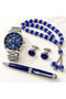 طقم هدايا رجالي ساعة كوارتز زرقاء مع قلم وأزرار أكمام ومسبحة-TIMERA Men's Quartz Watch Gift Set with Pen, Cufflinks and Prayer Beads - Blue/Silver - 5