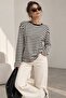 Women's Striped Slim Fit Cotton Long Sleeve Blouse - Black Lnc34
