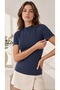 Women's Navy Blue Color Stand Collar Short Sleeve Viscose Elastane Blouse