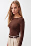 Women's Brown Boat Neck Polyamide Blouse Alc-X15723 - 3