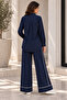 - Navy Blue Two Piece Set with Contrast Trim Shirt and Wide-Leg Pants - 4
