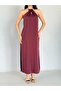 Burgundy Halter Neck Midi Dress with Bead Accessories - 6