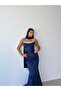 Navy Blue Strapless Collar Stone Embellished Underwire Long Evening Dress with Scarf - 3