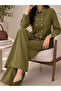- Olive Green Two Piece Set with Wide Leg Pants and Gold Buttons - 5