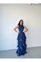 Navy Blue Halter Neck Flounce Long Evening Dress - 2