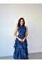Navy Blue Halter Neck Flounce Long Evening Dress - 4