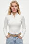 Women's Frey Snap Fastener Cotton Long Sleeve Ecru Ribbed Knitted Blouse - 2