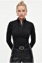 Women's Frey Snap Fastener Cotton Long Sleeve Black Ribbed Knitted Blouse - 5