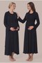 Women's Navy Blue Double-Breasted Collar Breastfeeding Detailed Long Sleeve Maternity Nightgown Set with Dressing Gown - 3