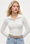 Women's Frey Snap Fastener Cotton Long Sleeve Ecru Ribbed Knitted Blouse - 3
