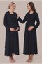 Women's Navy Blue Double-Breasted Collar Breastfeeding Detailed Long Sleeve Maternity Nightgown Set with Dressing Gown