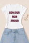 Women's Bonjour Mon Amour Printed Cotton Lycra Slim Fit Body T-Shirt - White