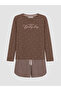 Two Mt Shop Quality Lcw Dream Brown Combed Cotton Patterned Long Sleeve Women's Shorts Pajama Set - 3