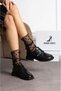 Elvan Women's Black Leather Blunt Toe Double Buckle Detailed Thick Sole Loafer Shoes