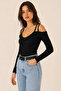Women's Black Strappy Off-Shoulder Long Sleeve Camisole Blouse - 3