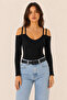 Women's Black Strappy Off-Shoulder Long Sleeve Camisole Blouse - 4
