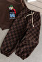 Boy's Teddy Bear Embroidered 3-Yarn Cotton Fabric Sweatshirt and Checkered Sweatpants Set Brown - 7