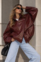 Women's Burgundy Crocodile Pattern Oversized Faux Leather Jacket Stand Collar Zippered Bomber Biker Jacket - 5