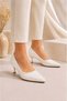 Leyla Women's White Pointed Toe Lace Patterned 5 cm Thin Heeled Stiletto Shoes - 3