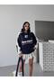 Women's Printed Pocketed Hooded Sweatshirt with Stripe Details on the Sleeves Oversized Cotton Premium Sweatshirt G99109 - 4