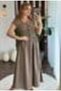 Khaki Cotton V-Neck Dress with Tie Detail on the Chest and Elastic Detail, Comfortable Cut, Long Dress