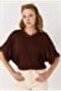 Brown Soft Textured V-Neck Bat Sleeve Lace Detailed Knitted Sweater Blouse - 3