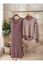 Women's Dress and Sweater Striped Knitwear Set - 4