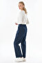 High Waist Trousers with Stitching Detail in Navy Blue - 3