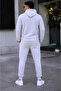 Men's Two Thread Hooded Kangaroo Pocket Sweatshirt Jogger Pants Bottom Top Tracksuit Set -White - 2